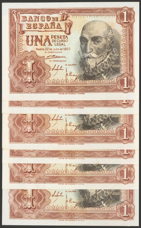 Conjunto de 6 billetes de 1 Peseta emitidos el 22 de Julio de 1953 con la serie ...