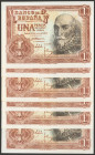 Conjunto de 6 billetes de 1 Peseta emitidos el 22 de Julio de 1953 con la serie Z (Edifil 2017: 465a), con todo su apresto. SC/SC-.