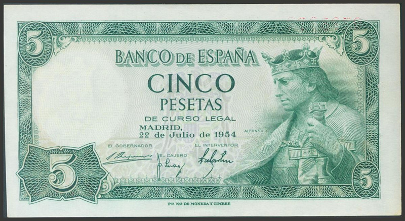 5 Pesetas. 22 de Julio de 1954. Sin serie. (Edifil 2017: 466). Conserva todo su ...