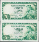 5 Pesetas. 22 de Julio de 1954. Pareja correlativa. Sin serie. (Edifil 2017: 466). Conserva todo su apresto original. SC-.