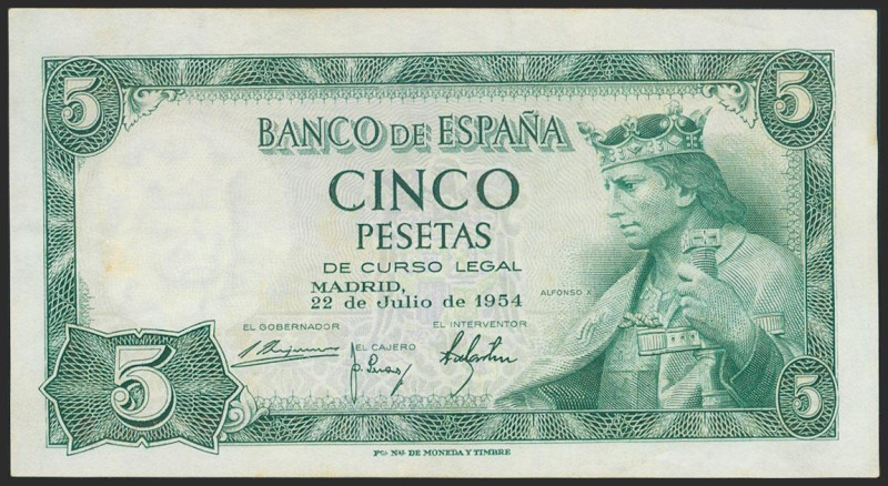 5 Pesetas. 22 de Julio de 1954. Sin serie. (Edifil 2021: 466). Presenta parte de...