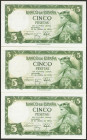 5 Pesetas. 22 de Julio de 1954. Trío correlativo. Serie B. (Edifil 2017: 466a). Apresto original. SC/SC-.