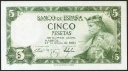 5 Pesetas. 22 de Julio de 1954. Serie D. (Edifil 2021: 466a). Conserva gran parte de su apresto original. EBC+.