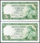 5 Pesetas. 22 de Julio de 1954. Pareja correlativa. Serie E. (Edifil 2021: 466a). Apresto original. SC.