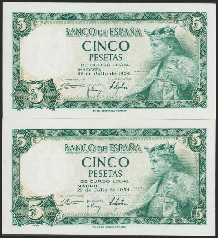 5 Pesetas. 22 de Julio de 1954. Pareja correlativa. Serie F. (Edifil 2017: 466a)...