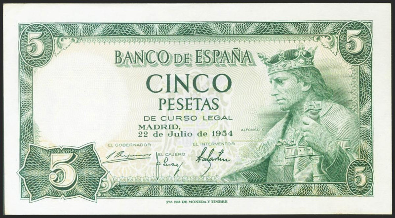 5 Pesetas. 22 de Julio de 1954. Serie G. (Edifil 2021: 466a). Conserva gran part...