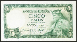5 Pesetas. 22 de Julio de 1954. Serie G. (Edifil 2021: 466a). Conserva gran parte de su apresto original. EBC+.