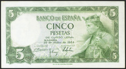 5 Pesetas. 22 de Julio de 1954. Serie J. (Edifil 2021: 466a). Apresto original. SC-.
