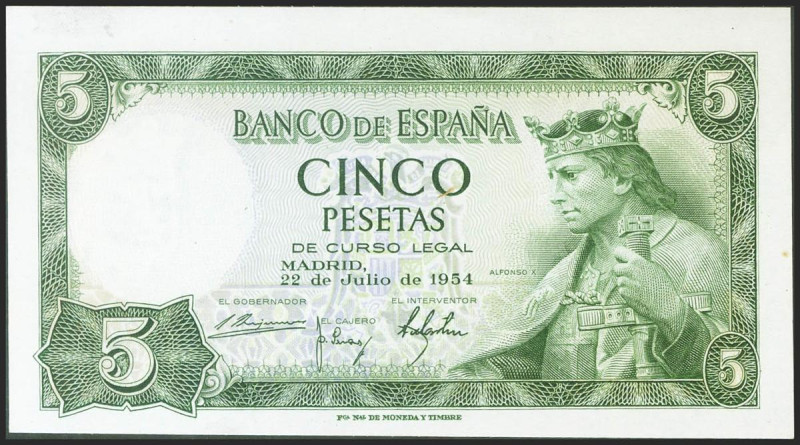 5 Pesetas. 22 de Julio de 1954. Serie K. (Edifil 2021: 466a). Apresto original. ...