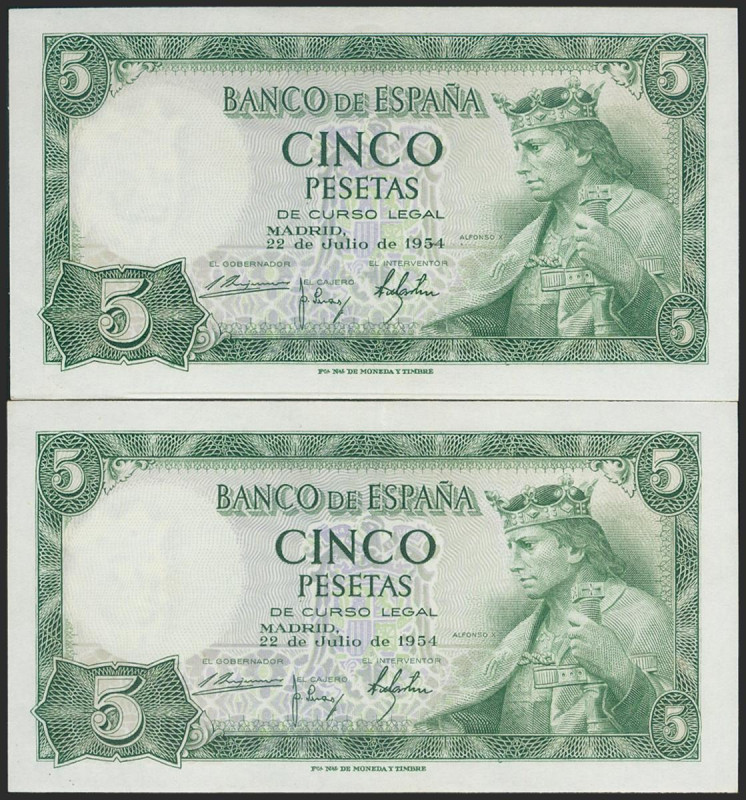 5 Pesetas. 22 de Julio de 1954. Pareja correlativa. Serie K. (Edifil 2021: 466a)...