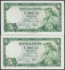 5 Pesetas. 22 de Julio de 1954. Pareja correlativa. Serie K. (Edifil 2021: 466a). Apresto original. SC-.