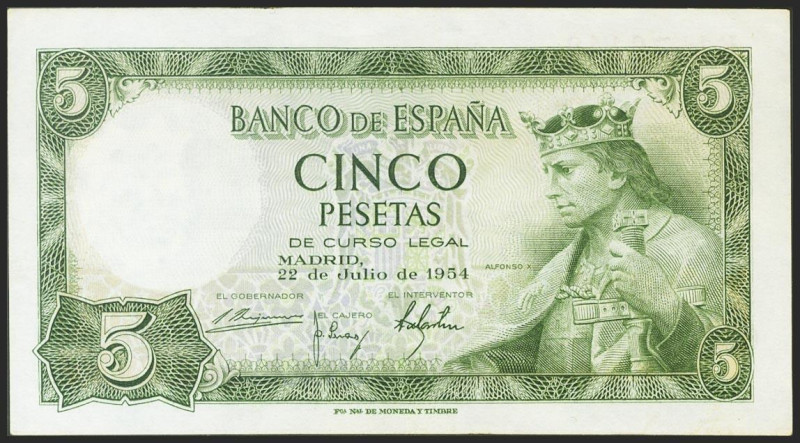 5 Pesetas. 22 de Julio de 1954. Serie K. (Edifil 2021: 466a). Conserva parte del...