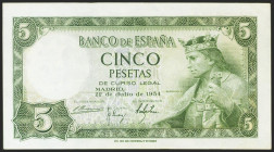 5 Pesetas. 22 de Julio de 1954. Serie K. (Edifil 2021: 466a). Conserva parte del apresto original. EBC.