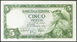 5 Pesetas. 22 de Julio de 1954. Serie L. (Edifil 2021: 466a). Conserva gran parte de su apresto original. EBC++.