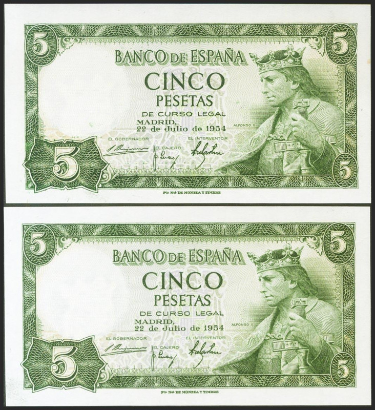 5 Pesetas. 22 de Julio de 1954. Pareja correlativa. Serie R. (Edifil 2021: 466a)...