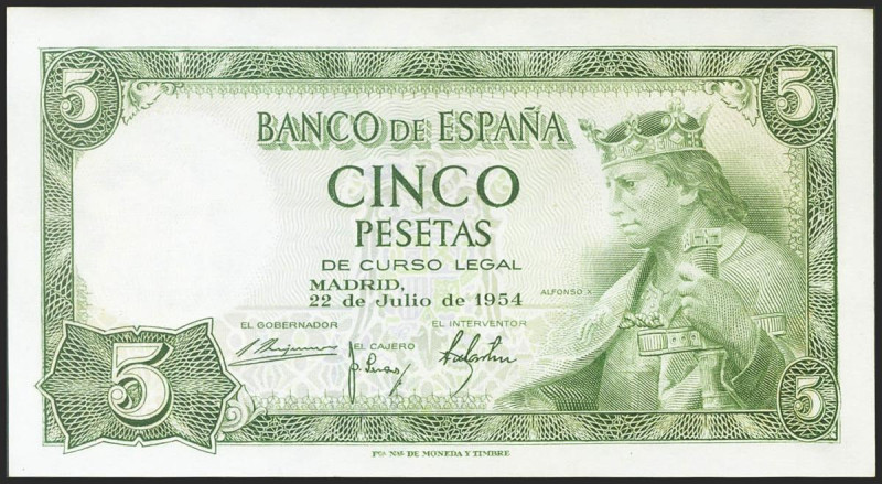 5 Pesetas. 22 de Julio de 1954. Serie P. (Edifil 2021: 466a). Conserva gran part...