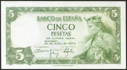 5 Pesetas. 22 de Julio de 1954. Serie P. (Edifil 2021: 466a). Conserva gran parte de su apresto original. EBC++.