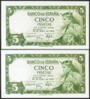 5 Pesetas. 22 de Julio de 1954. Pareja correlativa. Serie R. (Edifil 2021: 466a). Apresto original. SC.