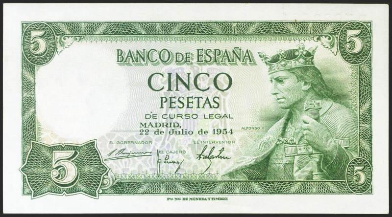 5 Pesetas. 22 de Julio de 1954. Serie R. (Edifil 2021: 466a). Apresto original. ...