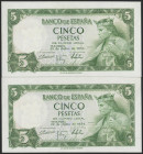5 Pesetas. 22 de Julio de 1954. Pareja correlativa. Serie S. (Edifil 2017: 466a). Apresto original. SC.