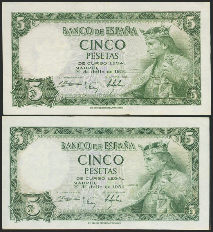 5 Pesetas. 22 de Julio de 1954. Serie S. (Edifil 2021: 466a). Conserva parte del...