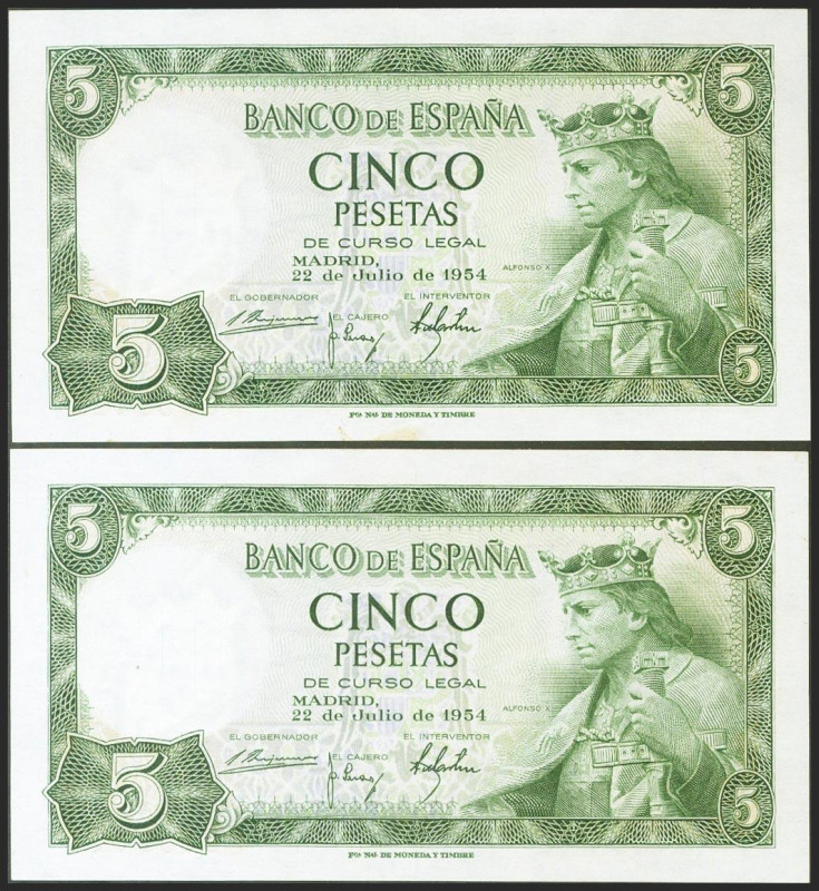 5 Pesetas. 22 de Julio de 1954. Pareja correlativa. Serie U. (Edifil 2021: 466a)...