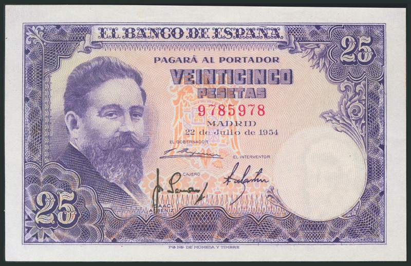25 Pesetas. 22 de Julio de 1954. Sin serie. (Edifil 2017: 467). Apresto original...