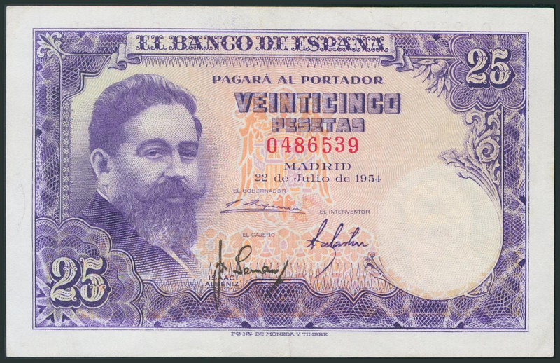 25 Pesetas. 22 de Julio de 1954. Sin serie. Pequeña rotura de dos milímetros en ...