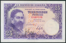 25 Pesetas. 22 de Julio de 1954. Sin serie. Pequeña rotura de dos milímetros en el margen superior y doblez vertical. (Edifil 2017: 467). Apresto orig...