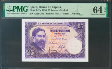 25 Pesetas. 22 de Julio de 1954. Serie A. (Edifil 2021: 467a, Pick: 147a). Inusual en esta calidad, apresto original. SC. Encapsulado PMG64EPQ.