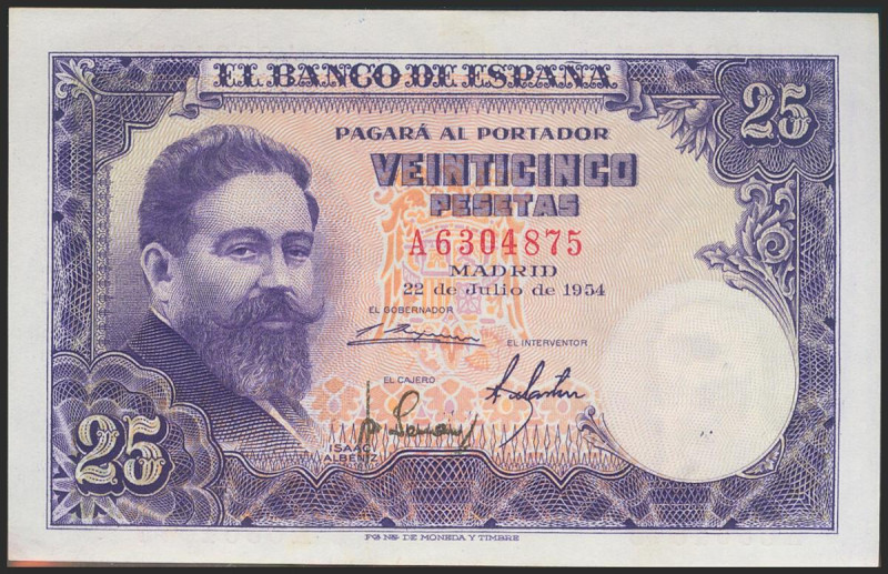 25 Pesetas. 22 de Julio de 1954. Serie A. (Edifil 2021: 467a). Apresto original....