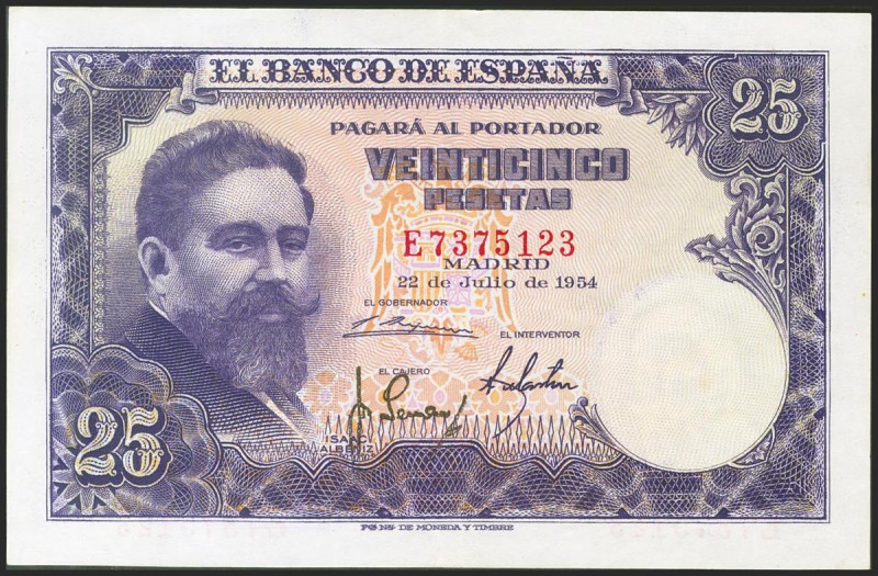 25 Pesetas. 22 de Julio de 1954. Serie E. (Edifil 2017: 467a). Apresto original....