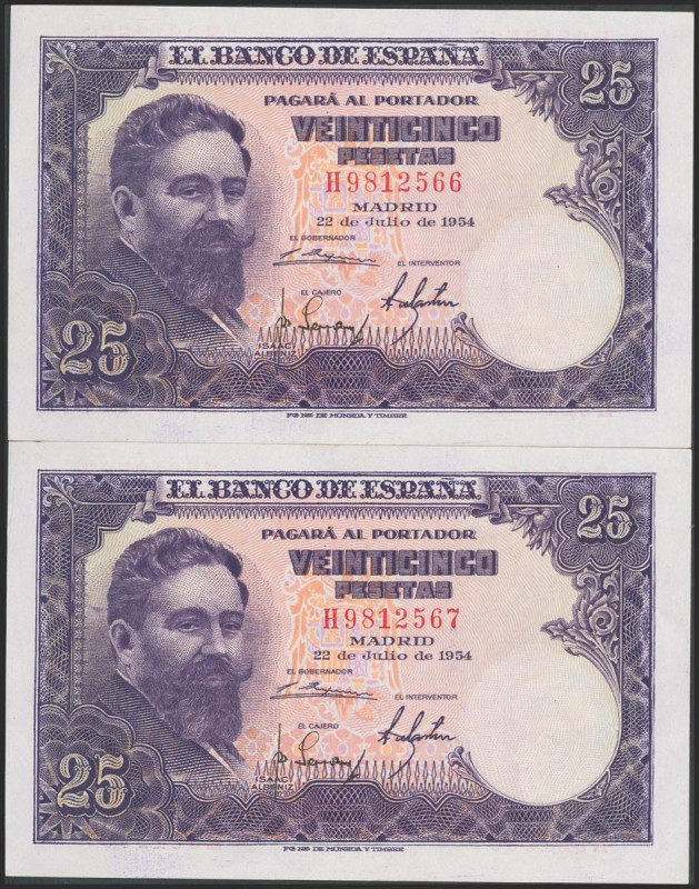25 Pesetas. 22 de Julio de 1954. Pareja correlativa. Serie H. (Edifil 2017: 467a...