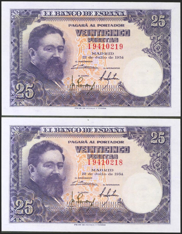 25 Pesetas. 22 de Julio de 1954. Pareja correlativa. Serie I. (Edifil 2021: 467a...