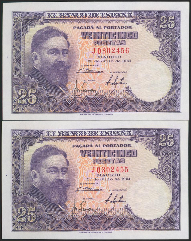 25 Pesetas. 22 de Julio de 1954. Pareja correlativa. Serie J. (Edifil 2021: 467a...