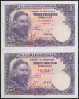 25 Pesetas. 22 de Julio de 1954. Pareja correlativa. Serie J. (Edifil 2021: 467a). Apresto original. SC.