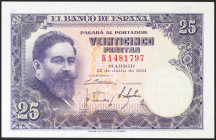 25 Pesetas. 22 de Julio de 1954. Serie K. (Edifil 2021: 467a). Conserva gran parte del apresto original. EBC+.
