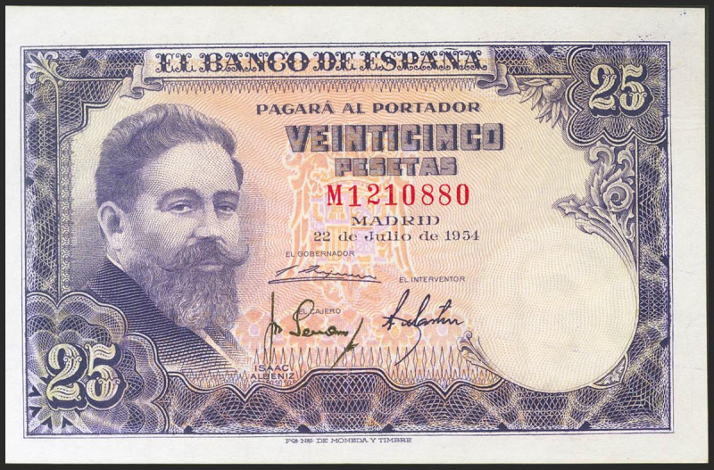 25 Pesetas. 22 de Julio de 1954. Serie M. (Edifil 2021: 467a). Conserva gran par...