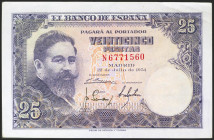 25 Pesetas. 22 de Julio de 1954. Serie N. (Edifil 2021: 467a). Conserva gran parte de su apresto original. EBC++.
