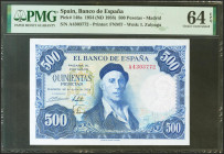 500 Pesetas. 22 de Julio de 1954. Serie A. (Edifil 2021: 468a, Pick: 148a). Inusual en esta calidad, apresto original. SC. Encapsulado PMG64EPQ.