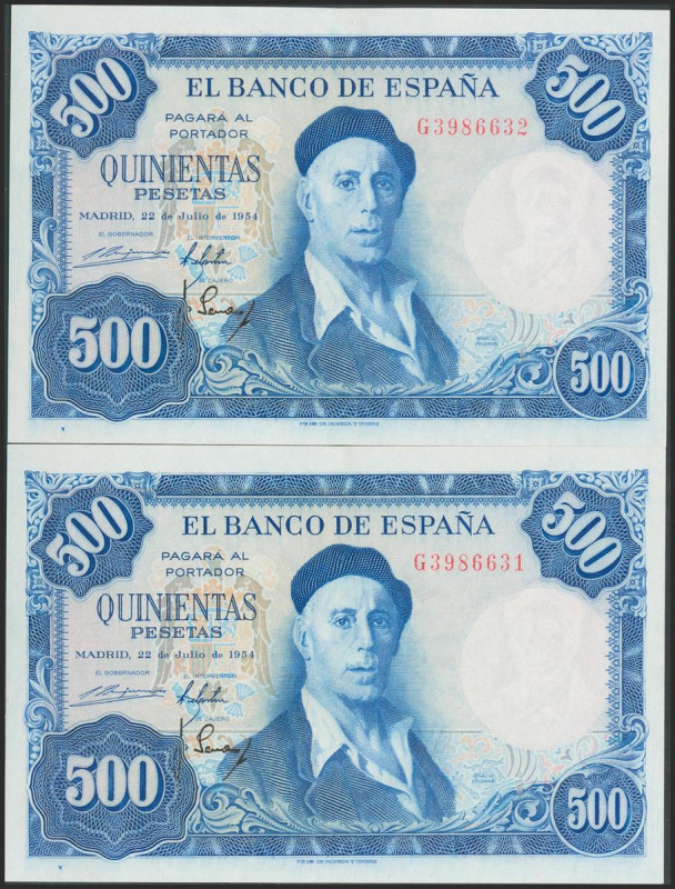 500 Pesetas. 22 de Julio de 1954. Pareja correlativa. Serie G. (Edifil 2017: 468...