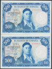 500 Pesetas. 22 de Julio de 1954. Pareja correlativa. Serie G. (Edifil 2017: 468b). Conserva gran parte del apresto original. EBC.