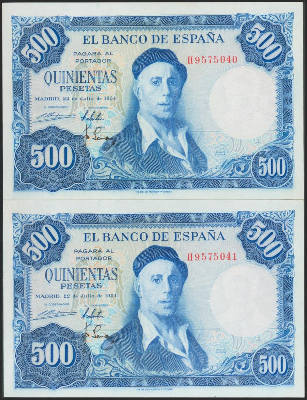 500 Pesetas. 22 de Julio de 1954. Pareja correlativa. Serie H. (Edifil 2017: 468...