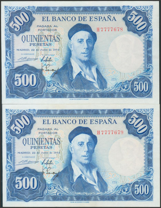 500 Pesetas. 22 de Julio de 1954. Pareja correlativa. Serie H. (Edifil 2017: 468...