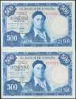 500 Pesetas. 22 de Julio de 1954. Pareja correlativa. Serie H. (Edifil 2017: 468b). Conserva parte de su apresto original. SC-.