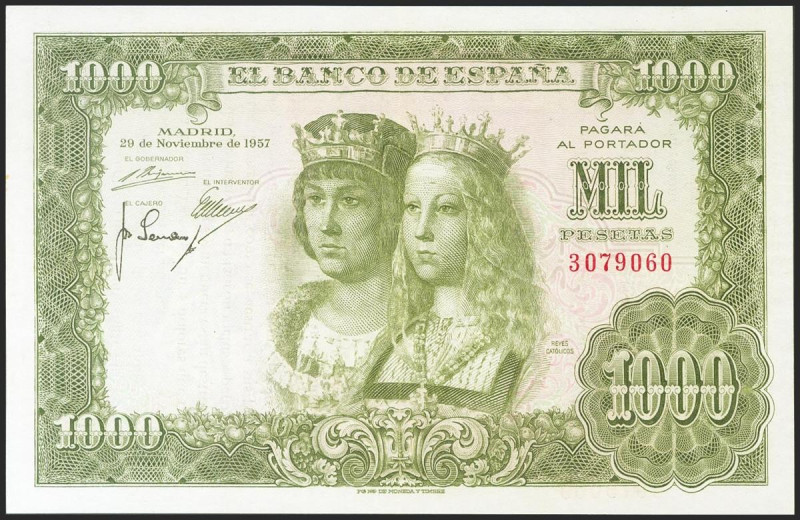 1000 Pesetas. 29 de Noviembre de 1957. Sin serie. (Edifil 2021: 469). Inusual, c...