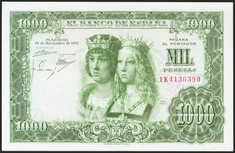 1000 Pesetas. 29 de Noviembre de 1957. Serie 1K. (Edifil 2021: 469b). Conserva t...