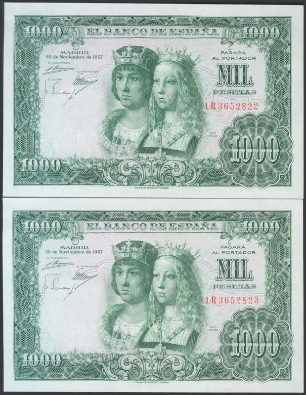 1000 Pesetas. 29 de Noviembre de 1957. Pareja correlativa. Serie 1R. (Edifil 201...