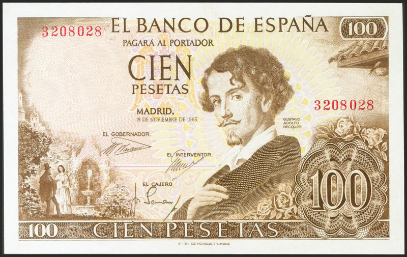 100 Pesetas. 19 de Noviembre de 1965. Sin serie. (Edifil 2017: 470). Apresto ori...