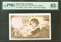 100 Pesetas. 19 de Noviembre de 1965. Sin serie. (Edifil 2021: 470, Pick: 150). Apresto original. SC. Encapsulado PMG63EPQ.